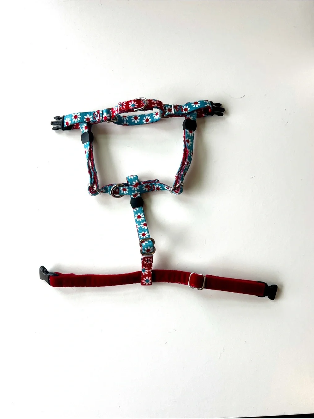2 Hounds Design: XXS Harness AND Matching  Leash, Blue & Red Daisy